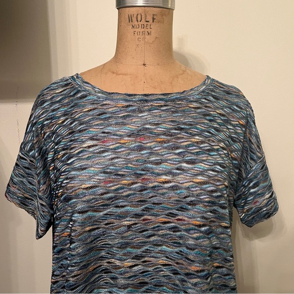 Free People Knit Blue Geometic Zig Zag Short Sleeve Cropped T-Shirt Top - Picture 2 of 7